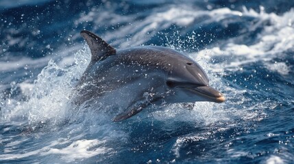 Obraz premium A dolphin leaps from the ocean surface, creating splashes as it swims playfully. Bright sunlight highlights the vibrant blue of the ocean, showcasing the animal's agility