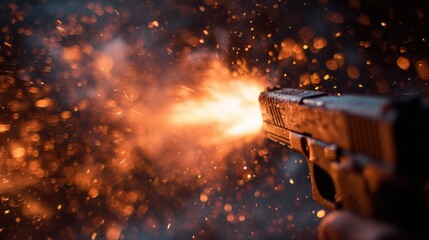 A pistol discharges in low light, creating a dramatic explosion of orange flames and flying sparks. The scene emphasizes the power and intensity of firearms in action