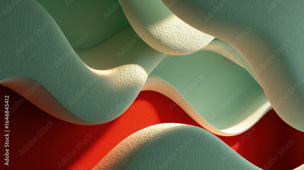 Poster soft curves and organic shapes create visually appealing abstract pattern light green and red tones,