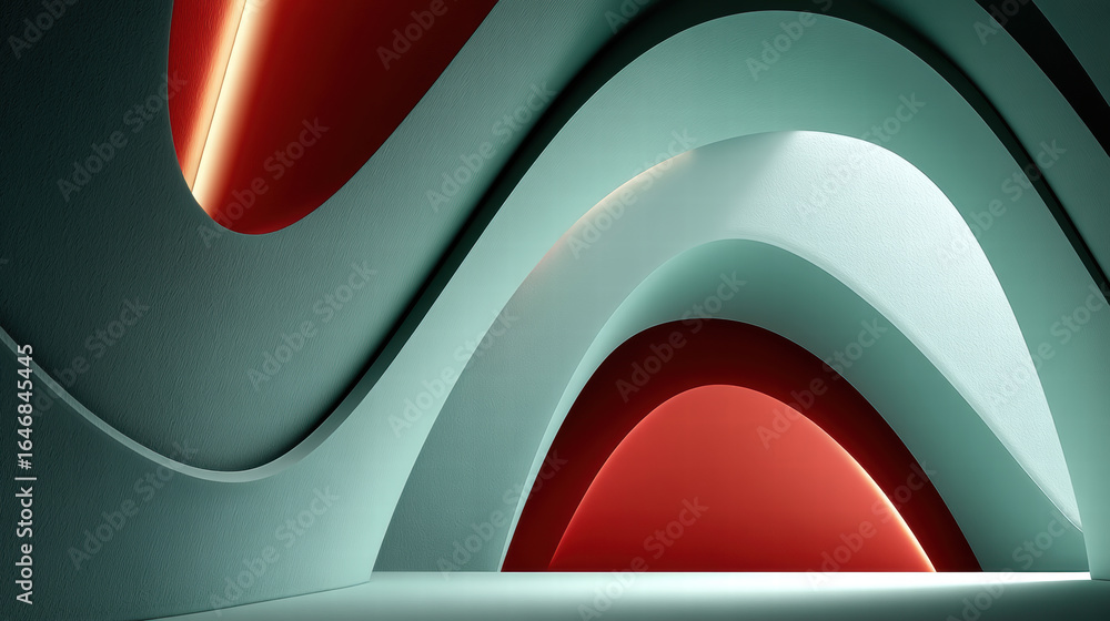 Poster modern interior design featuring abstract organic shapes light green and red color palette, creating