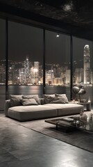 Fototapeta premium Modern Sectional Sofa With City View At Night In Hong Kong