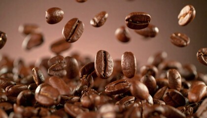 Obraz premium Macro Shot of Fresh Coffee Beans Falling into a Pile, Aroma of Freshly Roasted Coffee