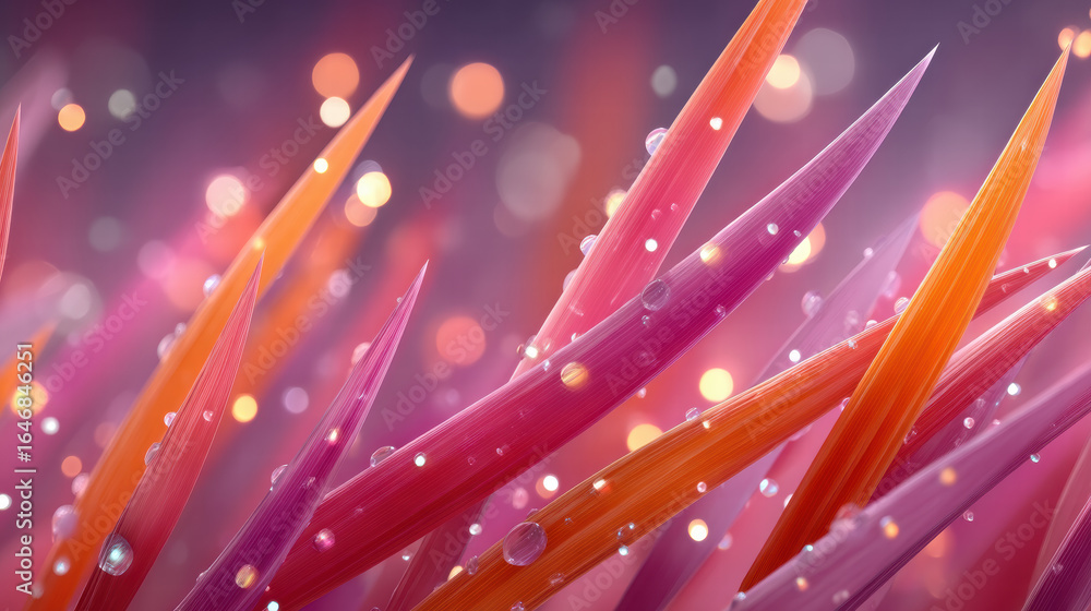 Poster vibrant abstract pattern featuring colorful blades with droplets, creating dreamy atmosphere. interp
