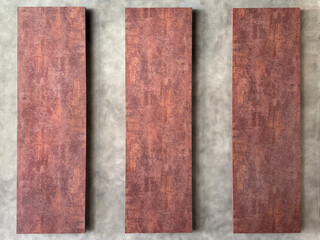 Close up of rustic copper metal panels with weathered concrete cement background wall. Suitable for decorative wall panels. Seamless background texture.