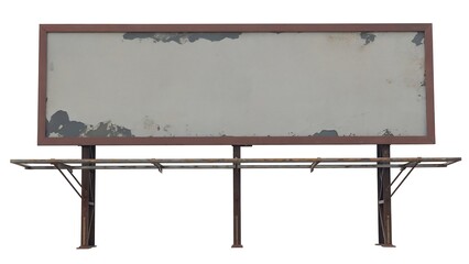 Obraz premium Old and weathered roadside billboard with rusty frame isolated on white background