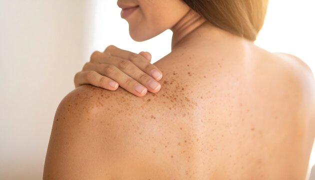 Womans back with sunspots, and skincare.