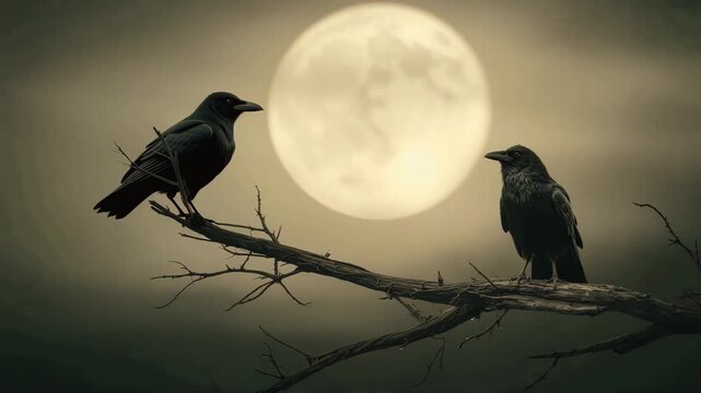 Silhouette of Two Crows Perched on Branch Against Full Moon