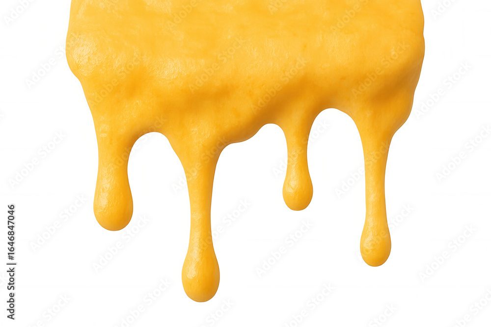 Poster gooey cheese cascading, forming appetizing golden strands with soft melting edges on crisp clean sur