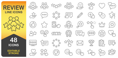 Review And Feedback Line Icon Set With 48 Editable Stroke Designs. Thin Line Icons Collection. Includes Ratings, Stars, Comments, Likes, And Customer Satisfaction Symbols. Isolated Vector Illustration