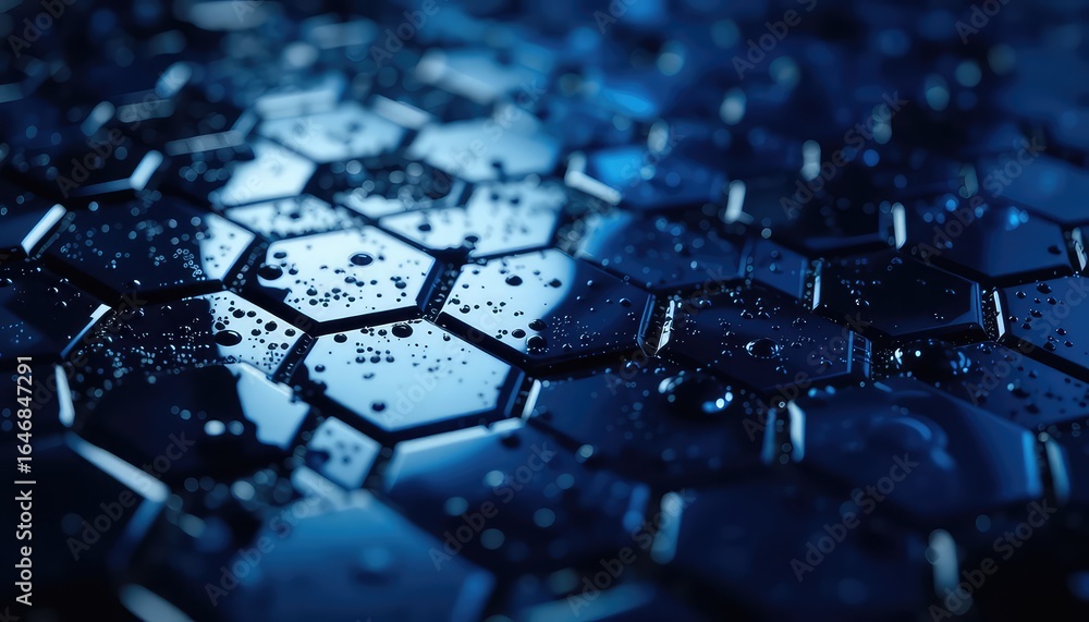 Poster abstract dark blue hexagon pattern with shiny wet surface and drops of water creating a textured loo