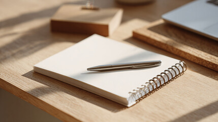 close-up of unbranded office essentials on light wood desk, blank white notebook, pen, minimalist soft natural shadows