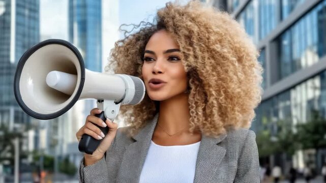 Woman with curly hair speaking into a megaphone outdoors in an urban setting