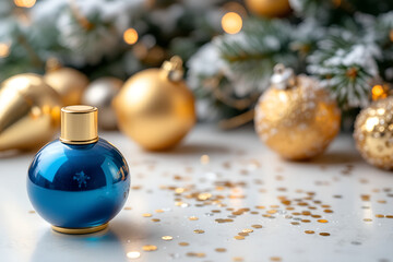 Blue perfume bottle with gold cap surrounded by golden Christmas ornaments and confetti