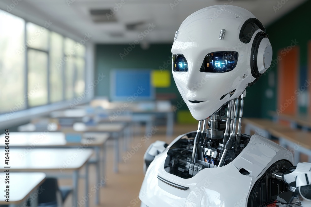 Poster robotic assistant in a modern classroom engaging with students during learning activities