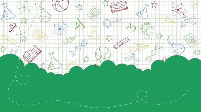 Hand drawn line stationery design for back to school with green frame border empty space for banner design on white checkered background. Loop animation.