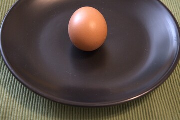 One fresh brown chicken egg placed on a black plate, photographed in close-up with copy space for...