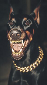 Menacing black and tan Doberman dog with golden grillz and a heavy gold chain collar.