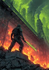 Warrior in Black and Green Armor on Rugged Terrain