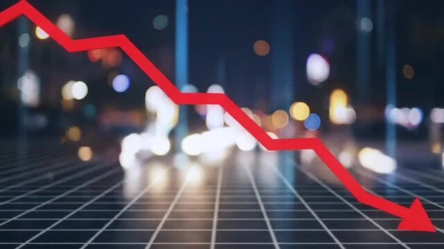 Red Downward Arrow on Grid Over City Lights Signifying Economic Decline or Market Recession