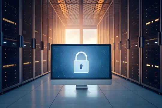 Cybersecurity data protection concept with padlock icon on computer screen, secure server room interior, cloud computing network safety