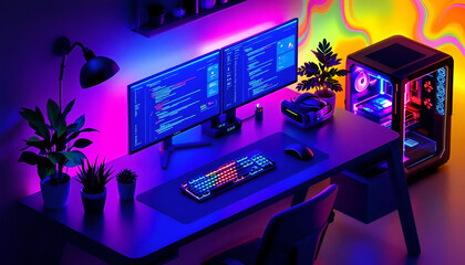 Immersive gaming setup with dual monitors, RGB keyboard, and powerful PC glowing in neon light