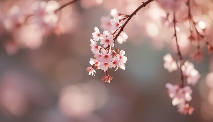Naklejka premium Delicate pink blossoms hang from a tree branch, softly illuminated by diffused light in a serene outdoor setting