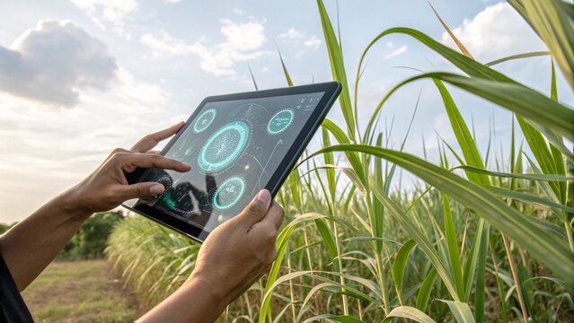 Precision Agriculture Farmer Using Tablet in Sugarcane Field with data visualization - Powered by Adobe