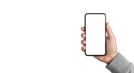 Neutral adult hand in simple long sleeve shirt holding sleek unbranded black smartphone with blank white screen, isolated on transparent studio background, technology blank canvas concept