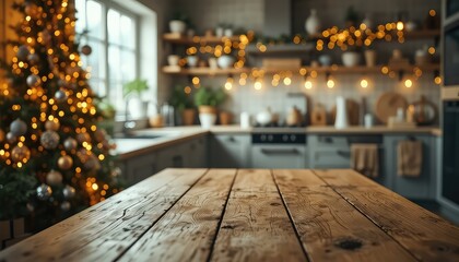 Rustic wooden table surface with blurred Christmas tree and festive kitchen background ready for culinary creation or holiday decorations
