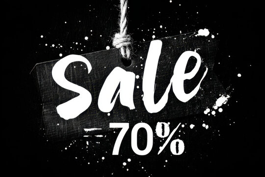 Sale banner with a 70% discount tag on a black backdrop