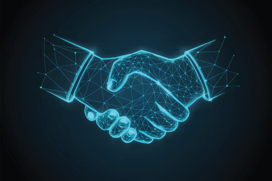 A digital illustration of a handshake rendered in bright cyan-blue neon light