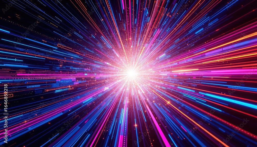 Poster futuristic glowing streams of light in vibrant colors burst forth from a central point of intense en