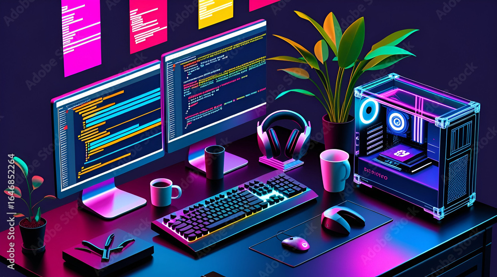 Aufkleber immersive coding station with dual monitors, glowing keyboard, and powerful pc, perfect for develope