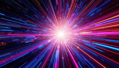 Fototapeta premium Futuristic glowing streams of light in vibrant colors burst forth from a central point of intense energy