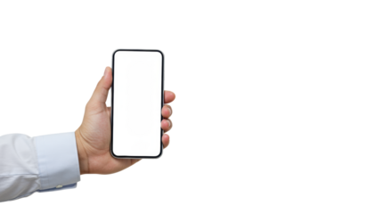 A gender-neutral hand holds a sleek, modern smartphone with a blank white screen on a transparent background, soft studio lighting, concept for digital innovation and potential
