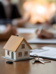 A miniature house model with keys on a table, suggesting a real estate transaction or homeownership discussion.