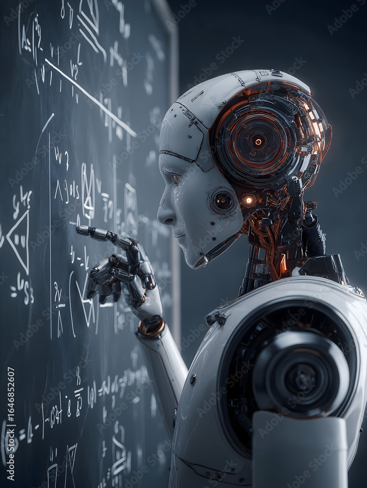 Poster a futuristic robot interacts with complex equations on a chalkboard, symbolizing the intersection of