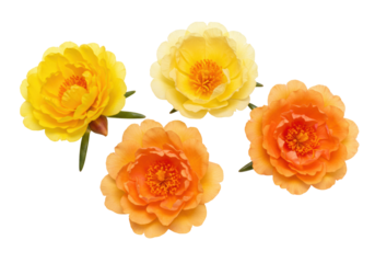 Three distinct moss rose flowers, vibrant yellow, pastel yellow with orange center, and soft orange, on a transparent background with copy space, showcasing intricate petals. Concept of botanical