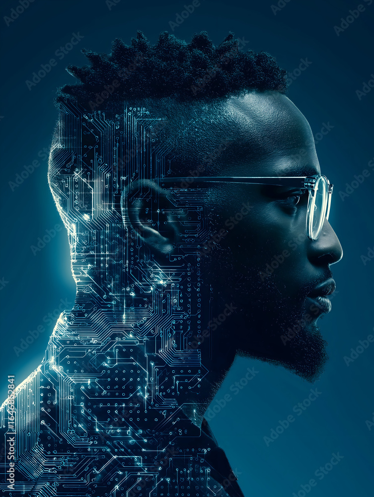 Aufkleber a striking profile of a man with a circuit-like pattern overlay, symbolizing the fusion of technolog