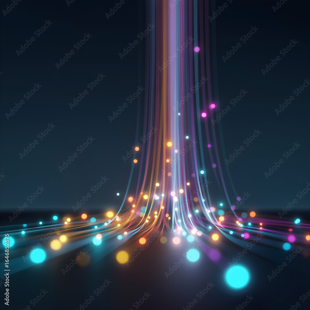 Poster a vibrant display of colorful light streams emanating from a central point, creating a dynamic and v