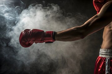 Powerful Boxer's Arm, Red Gloves, Dramatic Smoke, Intense Fitness, Sport Concept.