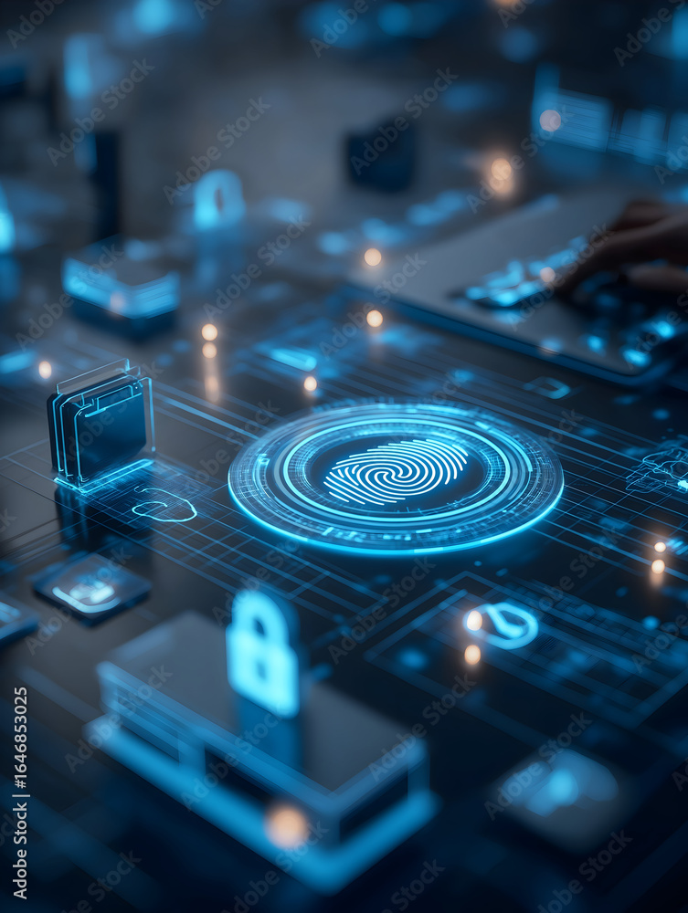 Poster a digital interface featuring a futuristic design with a fingerprint sensor, symbols of security, an