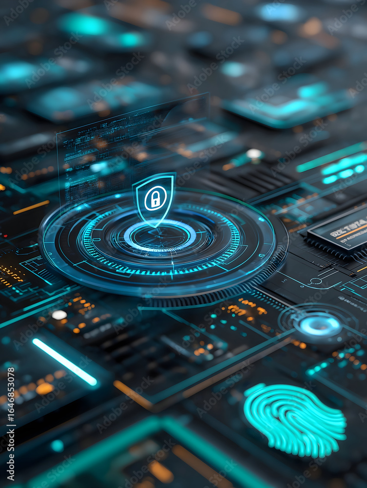 Aufkleber a futuristic digital interface featuring a glowing lock symbol, fingerprint, and circuit patterns, e