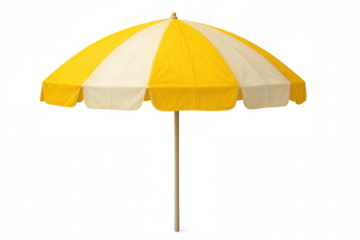 Beach umbrella standing open, yellow-white striped canopy casting shadow, isolated on transparent background, ideal for summer design