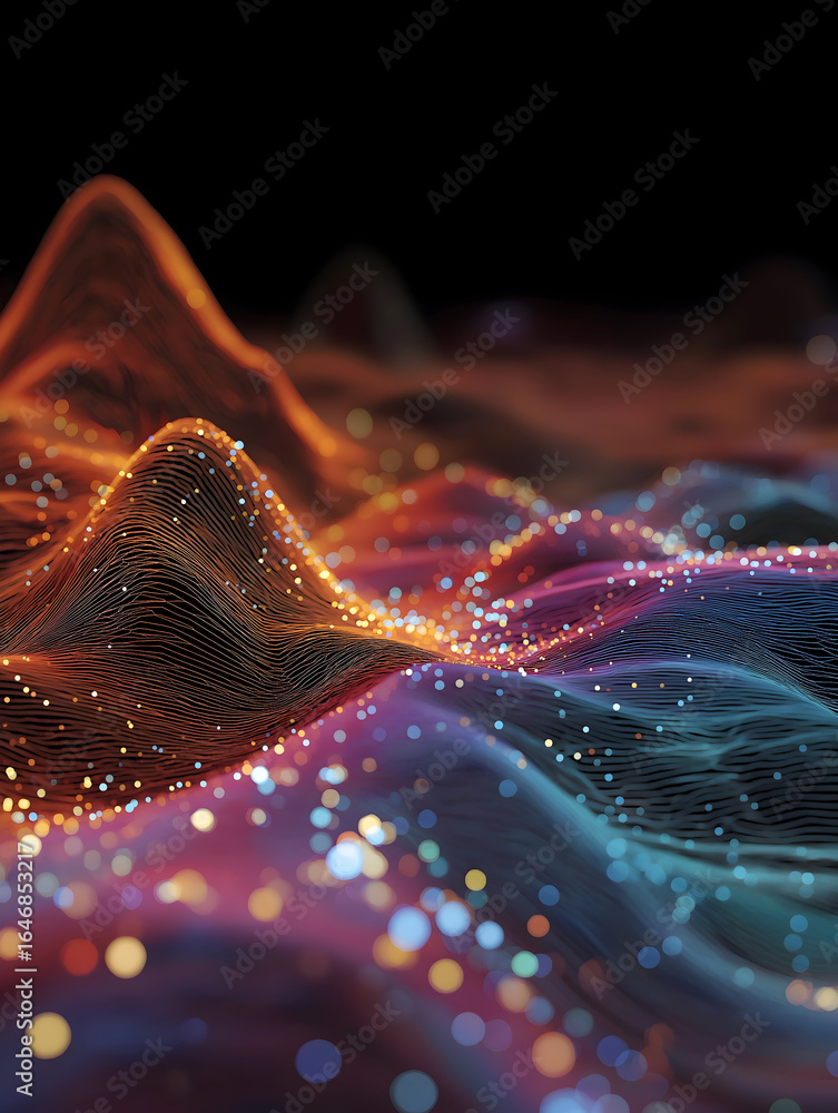 Poster an abstract representation of vibrant waves and peaks, illuminated by glowing dots, creating a mesme