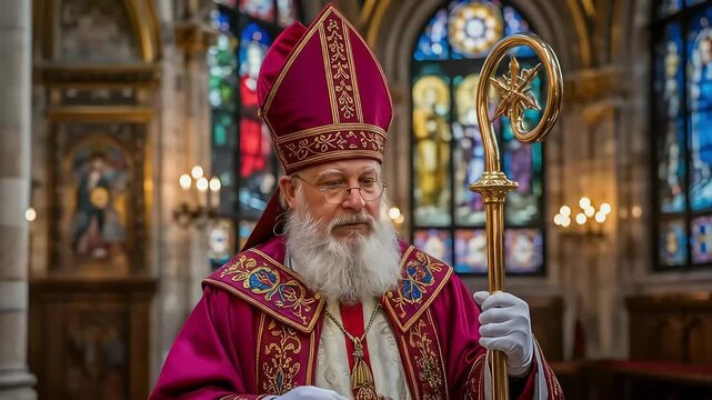 A portrayal of Saint Nicholas, the bishop, in full regalia with his crosier, standing inside a magnificent cathedral