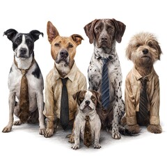 Fototapeta premium A serious team of five diverse dog breeds sitting together in professional shirts and ties.
