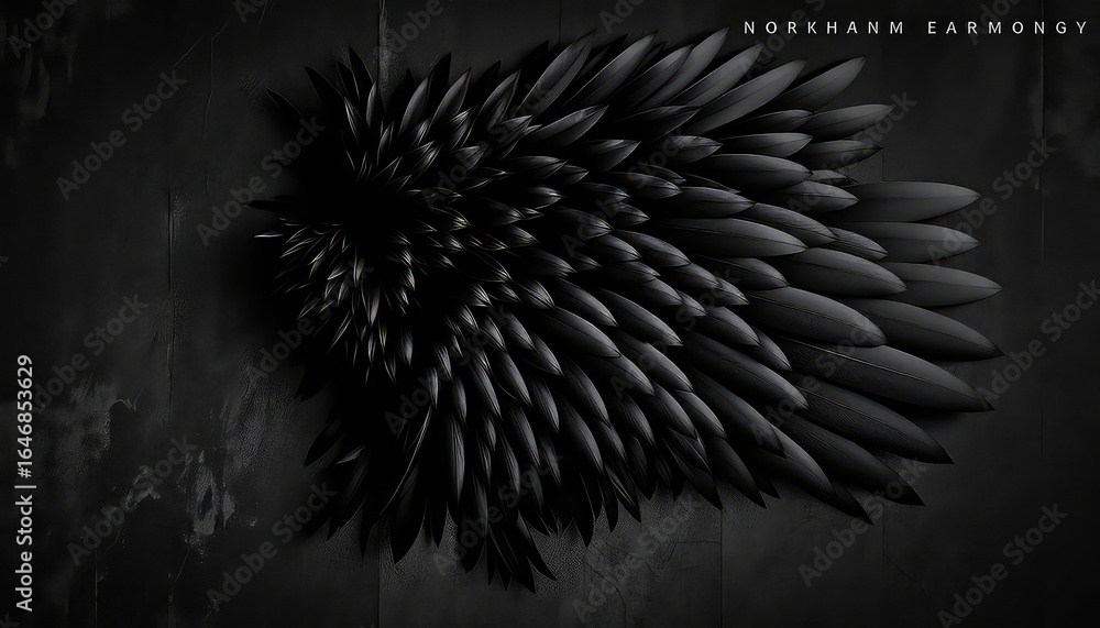 Poster intricate arrangement of feathers, resembling a dark wing, presented against a textured, monochromat