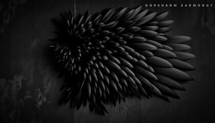 Intricate arrangement of feathers, resembling a dark wing, presented against a textured, monochromatic backdrop, creating a somber and elegant composition