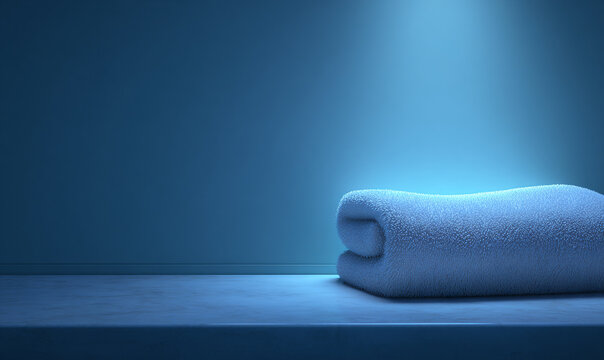 TOALLA BLANCA ENROLLADA SOBRE SUPERFICIE, ILUMINACI&Oacute;N DRAM&Aacute;TICA, FONDO AZUL